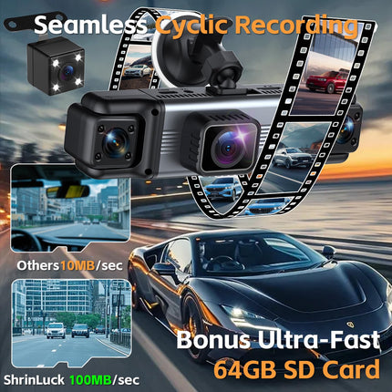 Dash cam de 4 canales 360° frontal, trasera e interior, tarjeta de 64GB incluida