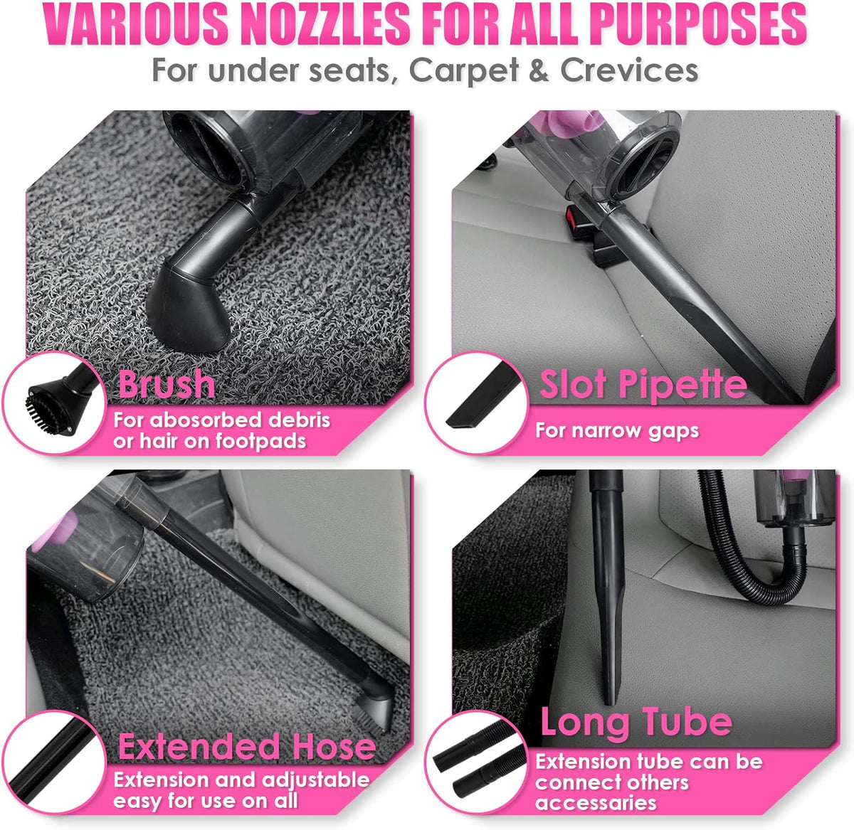 17pcs Car Cleaning Kit, Pink Car Interior Detailing Kit with High Power Handheld Vacuum, Detailing Brush - photo 3