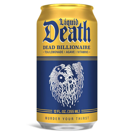 Liquid Death Iced Tea - Dead Billionaire (Black Tea/Lemonade), Less Sugar*, Boost of Caffeine, B Vitamins, No Artificial Sweeteners, 12 Fl Oz (Pack of 12)