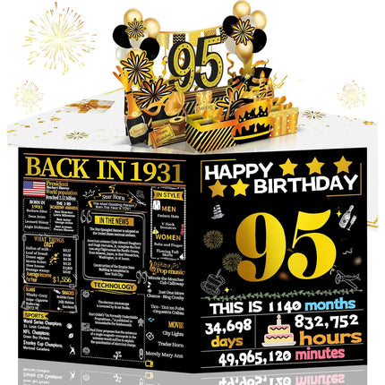 Joycard 95th Birthday Card for Women Men, 3D Pop Up Happy Birthday Gift for Grandpa Grandma, Funny 95 Year Old Birthday Decorations for Mother Dad, Back in 1931 Laser Gold Retro Theme
