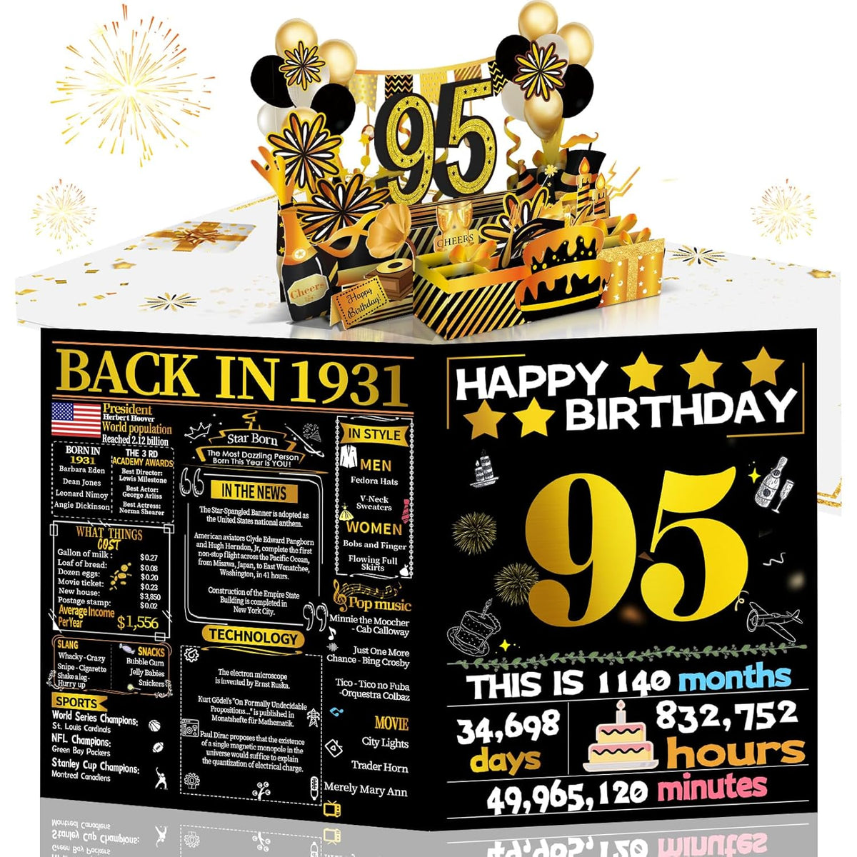 95th Birthday 3D Pop-Up Card, Back in 1931 Gold Retro Theme