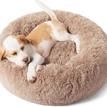 Bedsure Calming Dog Bed for Small Dogs - Donut Washable Small Puppy Bed, 23 inches Anti-Slip Round Fluffy Plush Faux Fur Large Cat Bed, Fits up to 25 lbs Pets, Camel