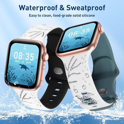 Sea Turtle Engraved Band Compatible with Apple Watch Band Women Men 38mm 40mm 41mm 42mm 44mm 45mm 46mm 49mm Two-Tone Cute Sport Silicone Band for iWatch Series 11 10 Se Ultra 9 8 7 6 5 4 3 2 1