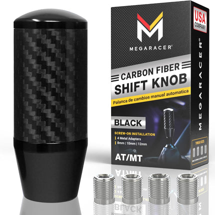 Premium Black Carbon Fiber Shift Knob - 4 Metal Threaded Adapters, 4 5 6 Speed Manual & Buttonless Automatic Transmission Car, Weighted Gear Stick Shifter Knobs (M8, M10x1.25/1.5, M12x1.25), JDM Style