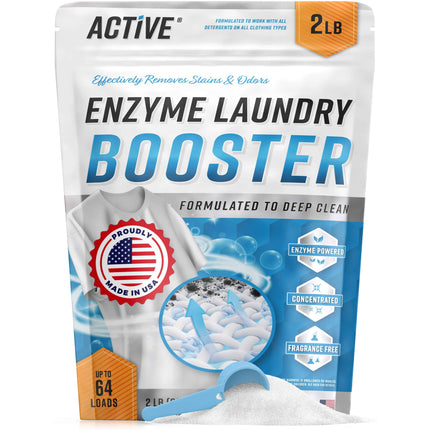 Enzyme Laundry Booster Odor Remover - 2 lbs Unscented Enzymatic Clothes Stain Cleaner Powder, Natural Deodorizer with Bio Enzymes, Detergent Additive Eliminator for Sweat, Oil, Blood - 64 Loads