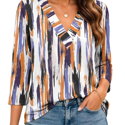 Womens 3/4 Sleeve V Neck Tops Loose Fit T Shirts Casual Blouses