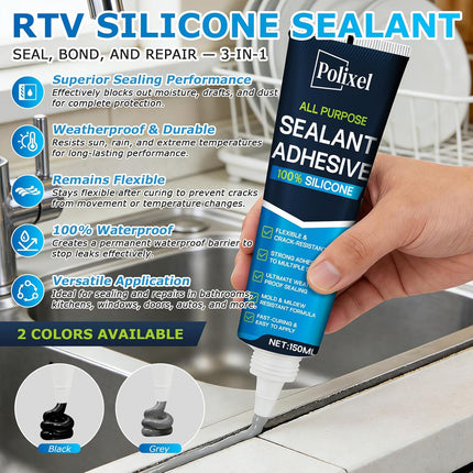 Gray RTV Silicone Sealant Adhesive – 100% Waterproof Caulk for Bathroom, Kitchen, Automotive, Windows & Plumbing Shrink & Crack Proof, Flexible, Strong Adhesion – 5oz / 150g