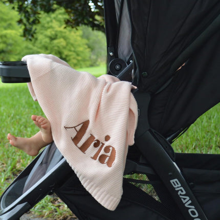 Monbebe Personalized Baby Blanket with Name | Custom Newborn Gift | Embroidered Infant Blanket | Soft Cotton Knit Swaddle | Monogrammed Baby Bedding | Boys and Girls Crib Throw (Light Pink)