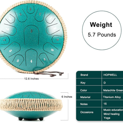 HOPWELL Steel Tongue Drum - 13 Inches 15 Notes Tongue Drum - Hand Pan Drum with Music Book, Handpan Drums Mallets and Carry Bag, D Major (Malachite Green)