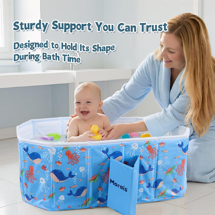 MORAIS Baby Bathtub Collapsible & Portable, Foldable Toddler Bath Tub with Dual Drain Plug and Padded Bottom, Travel & Shower Ready, Easy to Clean, Space-Saving Tub, 12 Months+