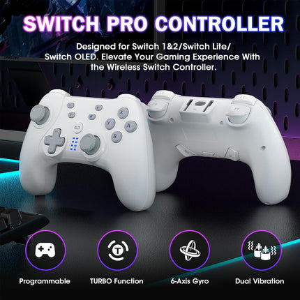 Wireless Switch Controller for Nintendo Switch/Switch 2/Lite/OLED/PC,Gamepad Supports Dual Vibration/6-Axis Gyroscope/Programmable/Turbo,Ergonomically Designed Precise Joystick (White)