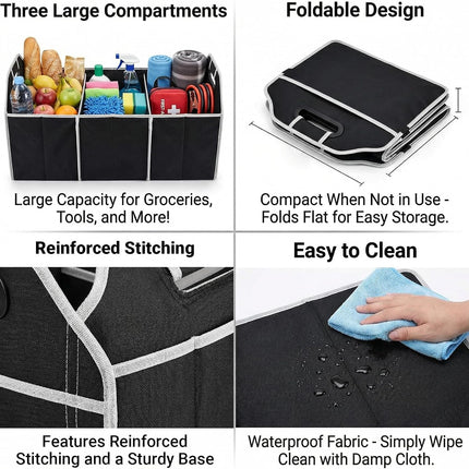 Car Trunk Organizer, Multi-Compartment Trunk Organizer, Foldable and Dividers Collapsible Car Storage Bin, Durable for Vehicle and Home Use, Easy Organization(Black)