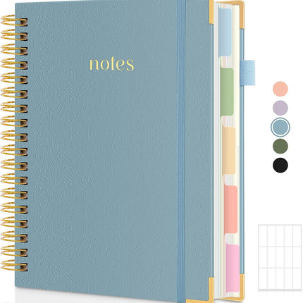 SKYDUE Hardcover Spiral Notebook, 300 Pages 8" x 10" College Ruled Notebook for Work with Dividers & Pockets, 5 Subject Notebook Journals for Women, Double Wire Bound, Tab Stickers Included, Blue