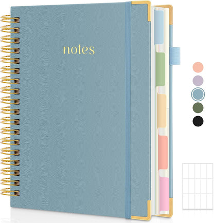 Hardcover Spiral Notebook, 300 Pages 8" x 10" College Ruled Notebook for Work with Dividers & Pockets, 5 Subject