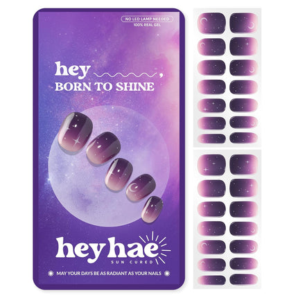Heyhae Semi Cured Gel Nail Strips | No LED Lamp Needed |Purple, Ombre | Easy Apply & Remove, Salon Quality | Includes 28 Strips, 2 Prep Pads, Nail File & Wooden stick - Hey, Born to Shine