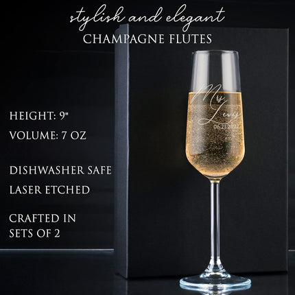 GIFTBYGIFTY Personalized Wedding Champagne Flutes for Bride and Groom- Set of 2, 7 oz, 2 Designs - Mr and Mrs Champagne Glasses for Engagement with Your Surname and Date - D2