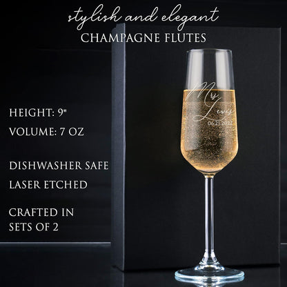 Personalized Wedding Champagne Flutes for Bride and Groom- Set of 2, 7 oz, 2 Designs - Mr and Mrs - photo 3