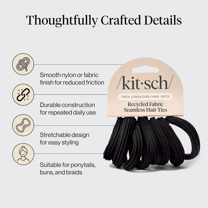 Kitsch Seamless Hair Ties No Damage - Stretchable Hair Bands for Strong All-Day Hold, Ponytail Holders | Hair Accessories for Girls | Ideal Gifts for Women - Black 8 Pcs