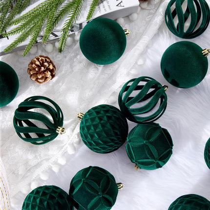 Christmas Balls, 16 Dark Green Flocked Ornaments for Tree Decor