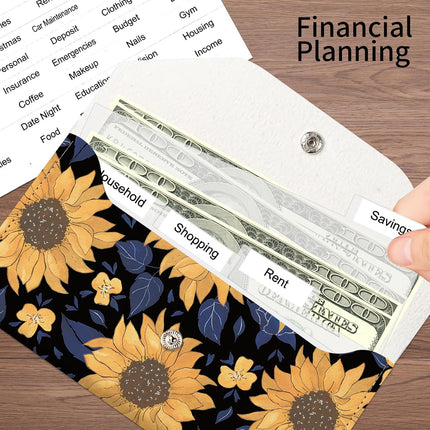 PU Leather Cash Envelopes Wallet, Reusable Money Savin Wallet, Cute Budget Envelope with 4 Dividers & 1 Sheets Budget Labels Sunflower Night Sky