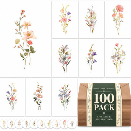 100 PACK Tarjetas en Blanco con Sobres, Tarjetas de Felicitación en Blanco 4x6, Tarjetas de Notas Florales con Sobres Peel-and-Seal, Set de Papelería Vacío para Todas las Ocasiones
