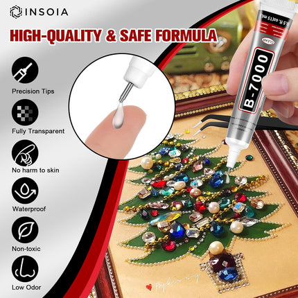 B7000 Rhinestone Glue Clear 10 PCS 15ml – Strong Transparent No Trace Jewelry Glue with Precision Tip, Quick Dry Multi-Purpose Adhesive for Making Nail Makeup Fabric Shoes Craft Phone Repair