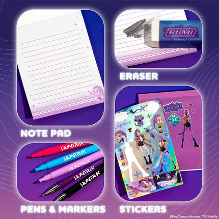 Kpop Demon Hunters Rumi Stationery Set with Mini Notebook, Pens, Markers, Eraser, Stickers and Storage