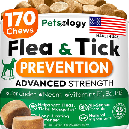 Flea and Tick Prevention for Dogs Pills - Natural Dog Flea & Tick Control - 170 Soft Chewables - Oral Defense Treatment for Dogs Supplement - Vet Formulated Chews - All Breeds & Ages - Made in USA