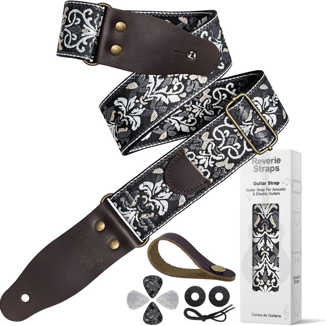 Vintage Embroidered Cotton Guitar Strap with Cowhide Leather Ends