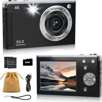 4K Digital Camera for Photography Autofocus,16X Zoom, 50MP Portable Compact Point and Shoot Digital Camera,Compact Travel Cameras for Beginners with 32GB Card, 2 Batteries, Black