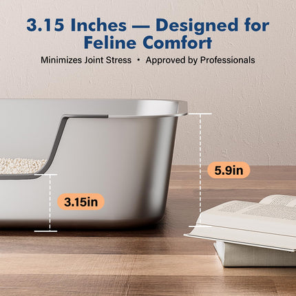 Stainless Steel Cat Litter Box with Low Entry, Metal Kitty Litter Box for Senior or Injured Cats, Odor-Free, Non-Stick, Easy to Clean, 17.5"x13.6"x5.9", Litter Pan for Medium and Small Cats
