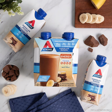 Atkins Chocolate Banana Protein Shake, 15g Protein, 5g Net Carbs, 1g Sugar, Low Carb, High Protein Shake, Banana Breakfast Protein Shake, 4 Pack (11 fl. oz Each)