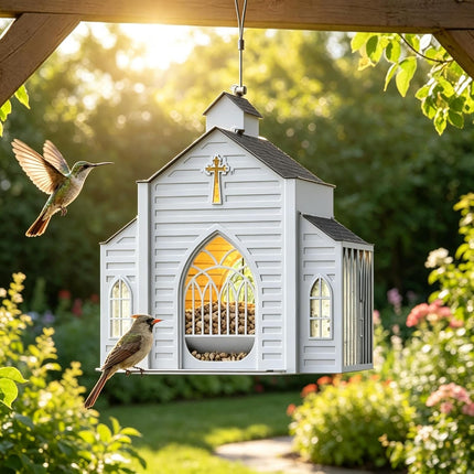 Church Shaped Bird Feeder with Solar Light Metal Hanging Outdoor Solar Bird Feeders Birds Feeding Station for Garden Yard Decor