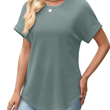 Blusas de verano para mujer 2026, camisas de manga corta enrollada, punto waffle, cuello redondo, dobladillo curvo