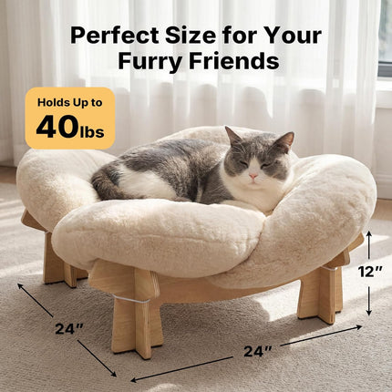 Veehoo Modern Elevated Flower Cat Bed with Washable Fluffy Cushion for Indoor Cats & Small Dogs, Wooden Raised Pet Couch Sofa, Cozy Lounge Chair Suitable for Puppy, Cat Furniture