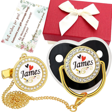 Personalized Pacifier Set with Name, BPA Free, Bling Gold Silver Pink Rose Gold Luxurious Ideal Gift for Newborns (Black)