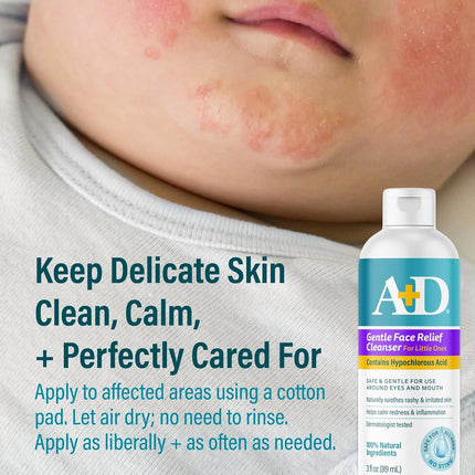 A+D Gentle Face Relief Cleanser for Little Ones with Hypochlorous Acid 3 oz - 100% Natural Ingredients, Non-Toxic, Sting-Free Formula, Safe Around Eyes & Mouth