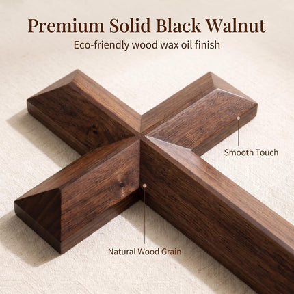 13 Inch Black Walnut Wood Cross with Natural Grain, Christian Wall Decor, Wooden Hanging Cross for Church Home Office Religious Gift