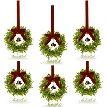 6Pcs Mini Christmas Cedar Wreath, 12 Inch Small Wreaths for Kitchen Cabinets, with Deep Red Bow Vintage Bells Pine and Cypress Leaves for Fireplace Window Farmhouse Indoor Home Decorations