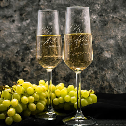Personalized Wedding Champagne Flutes for Bride and Groom- Set of 2, 7 oz, 2 Designs - Mr and Mrs - photo 5