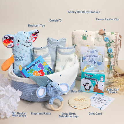 Baby Boy Gifts Basket,Newborn Baby Gifts for Boys with Blanket Onesies Toys,Baby Shower Gift for Baby Boy,Gender Reveal Gift