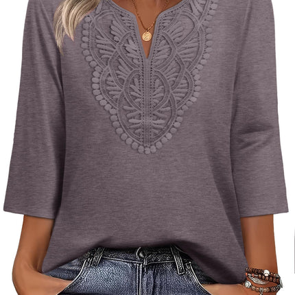 3/4 Length Sleeve Womens Tops Boho V Neck Lace Shirt Blouses Casual Vacation Clothes S-3XL
