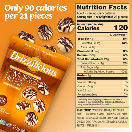 Drizzilicious Mini Flavored Rice Cakes S'mores - Rice Crisps, Healthy Snack for Adults and Kids, Vegan, Gluten Free Snack, Allergen Free, Only 90 Calories Per 21 Pieces- 4 oz (Pack of 1)