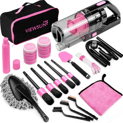 17pcs Car Cleaning Kit, Pink Car Interior Detailing Kit with High Power Handheld Vacuum, Detailing Brush Set, Windshield Cleaner, Cleaning Gel, Complete Auto Accessories for Women Gift