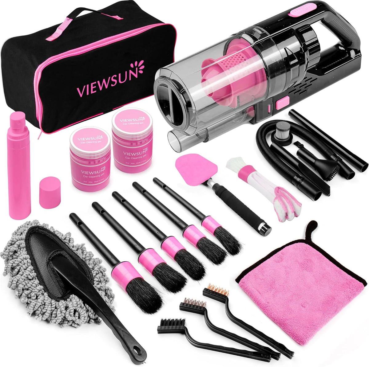17pcs Car Cleaning Kit, Pink Car Interior Detailing Kit with High Power Handheld Vacuum, Detailing Brush Set