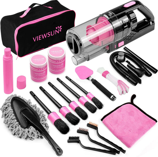 17pcs Car Cleaning Kit, Pink Car Interior Detailing Kit with High Power Handheld Vacuum, Detailing Brush Set