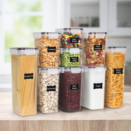 Recipientes de almacenamiento para cocina con tapas, 48 PCS recipientes herméticos para alimentos, recipientes plásticos de cocina, recipientes para despensa para cereal, alimentos secos, incluye etiquetas, marcador y cucharas medidoras