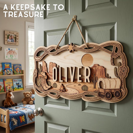 Custom Western Nursery Name Sign - Personalized Wooden Baby Name Sign with Cowboy Boots & Desert - 3D 2-Layer Birch Wood Wall Decor for Boy Room, Unique Wild West Gift