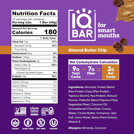 Brain Body Keto Protein Bars - Almond Butter Chip Bars 12 - Count Energy Bar - Low Carb High Fiber Vegan Bars Low Sugar Meal Bars - Vegan Snacks
