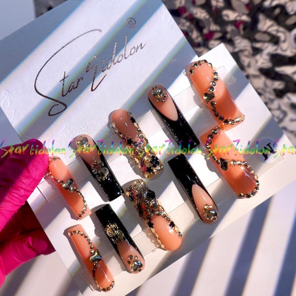 HAND-PAINTED White Press Ons Neon Small Press on Nails Long French Press on Nails Coffin Medium Short Nail art Fake Nail Art Kit with 7g Glue on Nails Handmade Almond Square Nails (Medium, J7)